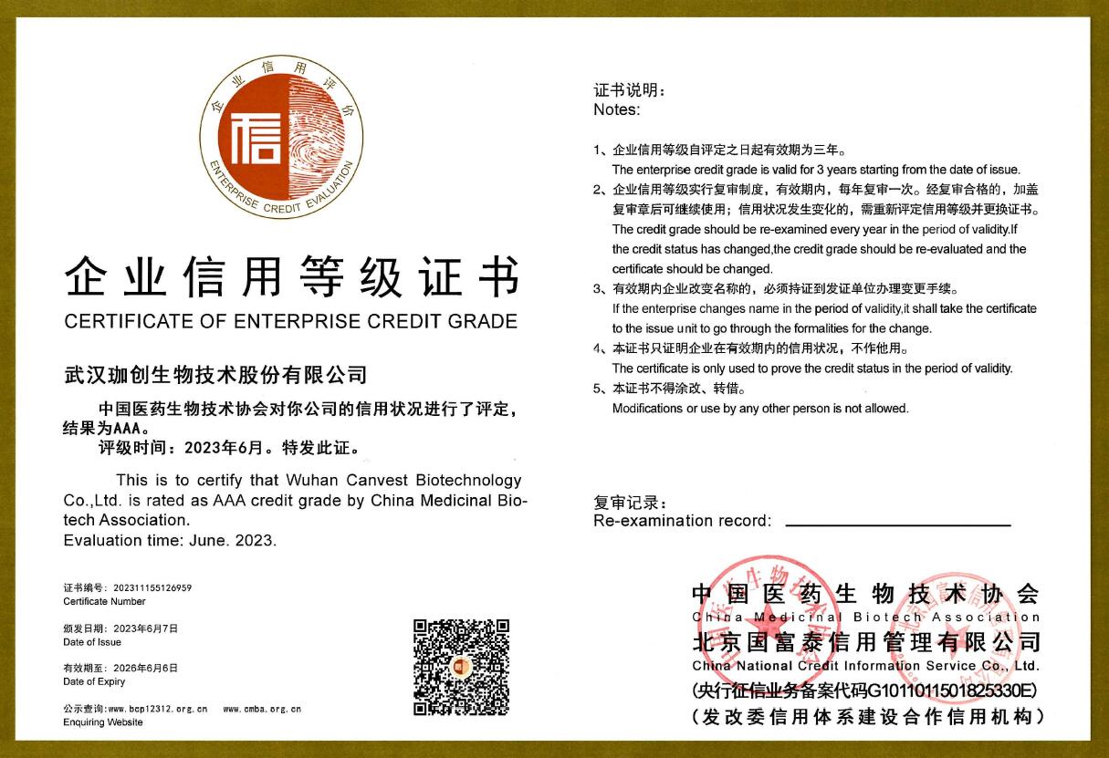 喜訊丨武漢珈創生物技術股份有限公司 通過“信用評定AAA級”認證